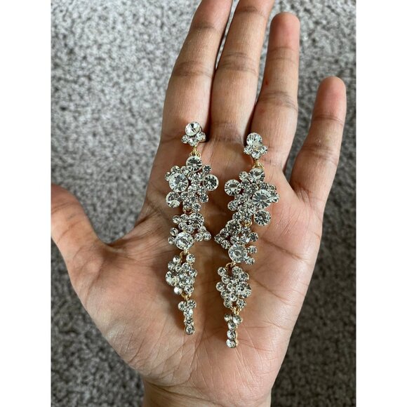 White rhinestone gold earrings clear long bridal prom crystal pierced earrings - Picture 3 of 9